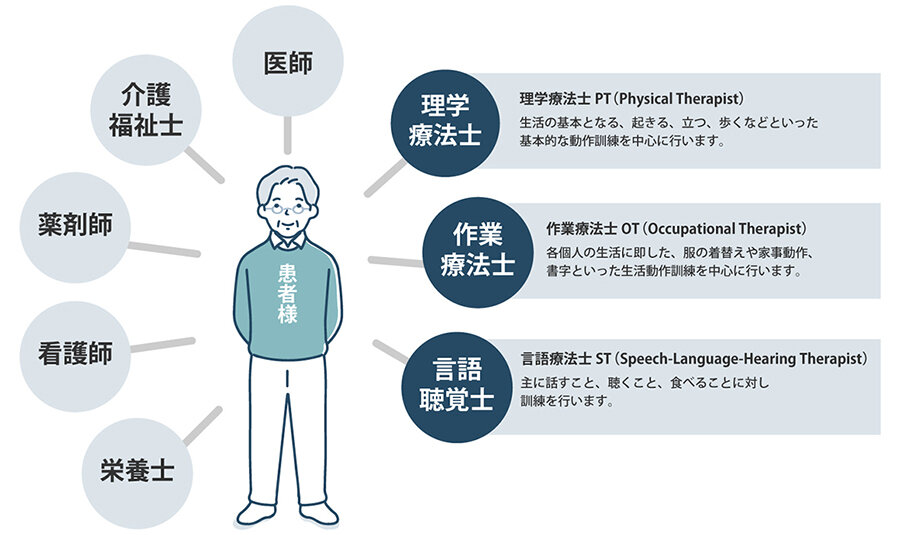 リハビリテーションに関わる専門職の役割を表したイラスト
